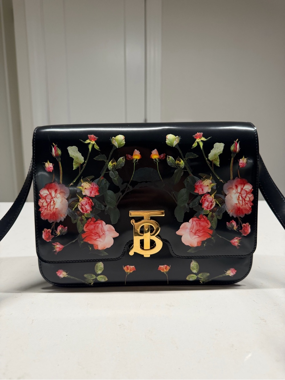 Burberry Black Leather Medium Shoulder Bag with Pink Rose Print and Gold TB Logo